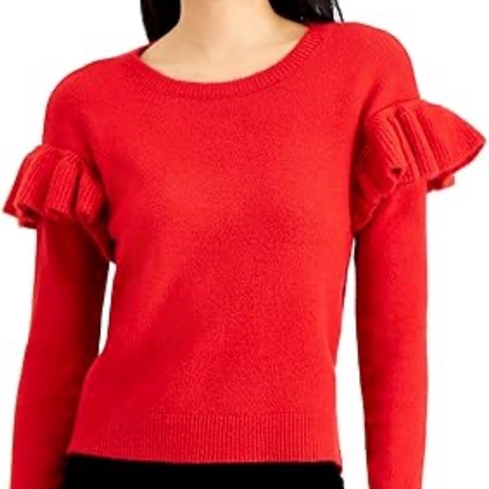 INC Women’s Red Ruffled Shoulder Long Sleeve Sweater Size Small